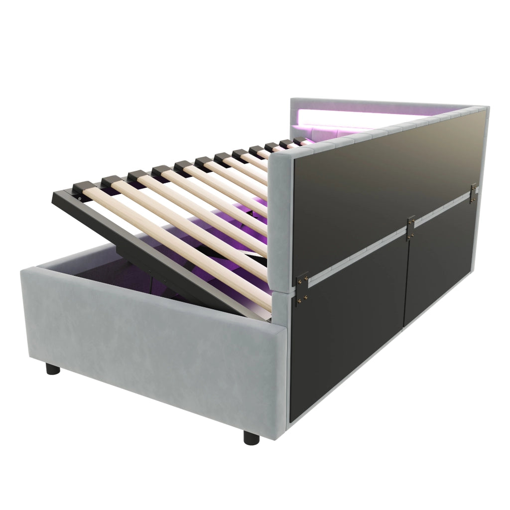 DESMIU Divano letto 90 × 200 cm 1 posto con LED, contenitore idraulico, senza materasso, velluto grigio