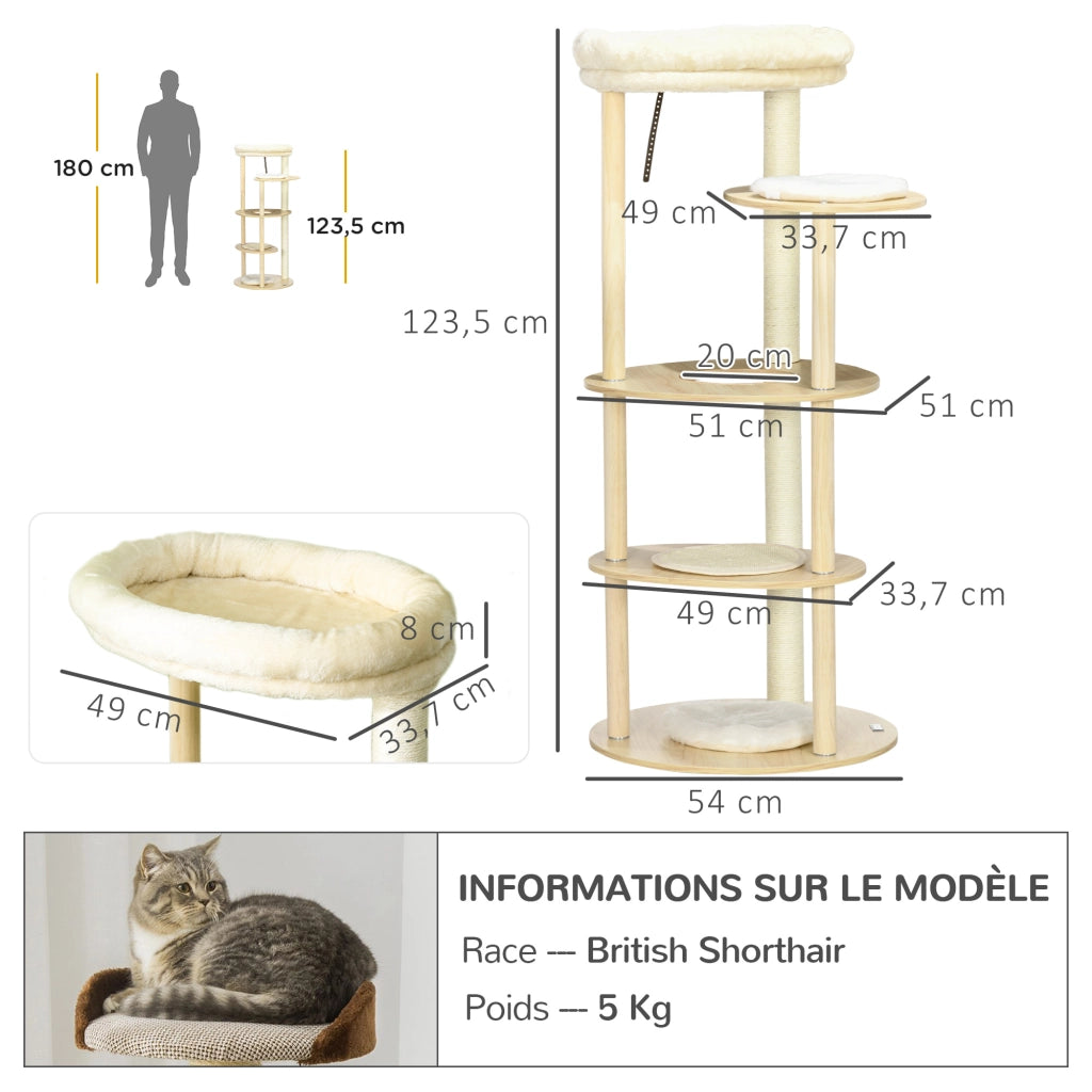 Tiragraffi per gatti con pali sisal cuscino piattaforma peluche legno 123,5 cm beige ¨C Xylo