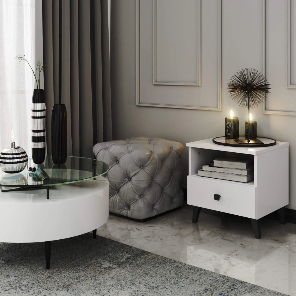 Comodino AKORD MOBI color bianco con cassetto L40 x H43 x P37 cm