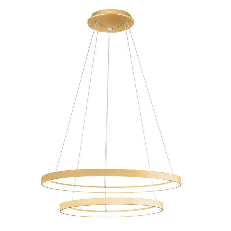 Krizia - Lampada a sospensione led doppia 88W dimmerabile - 6300lm, luce calda 3000K, anelli oro spazzolato, diffusore opale, IP20, d. 60+80 cm
