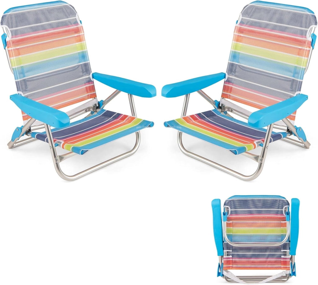 Set di 2 Sedie da Spiaggia Pieghevoli, Spiaggina con Schienale Regolabile in 5 Posizioni, Sdraio Reclinabile con Cinghia di Trasporto, Lettino Prendisole, Carico 150kg, Colorato (Medio)