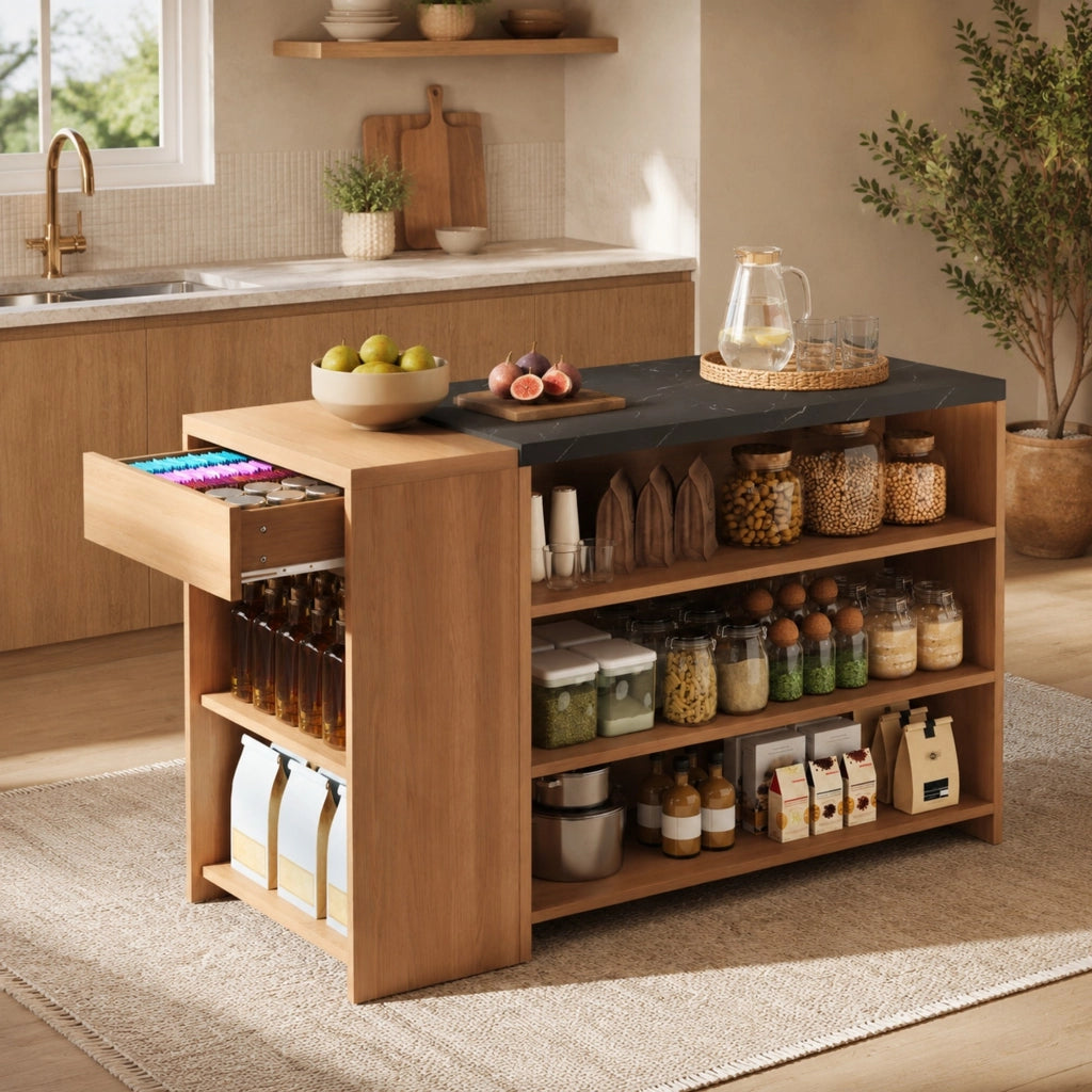 Isola cucina con bancone e cassetto nascosto 140x60x90 cm MDF nero effetto marmo e rovere
