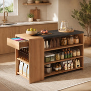 Isola cucina con bancone e cassetto nascosto 140x60x90 cm MDF nero effetto marmo e rovere
