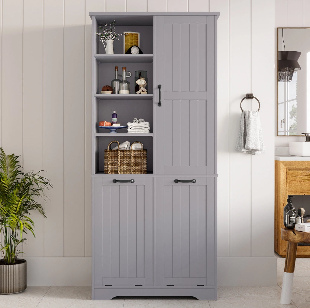 Armadio da bagno in MDF grigio con 2 cesti portabiancheria