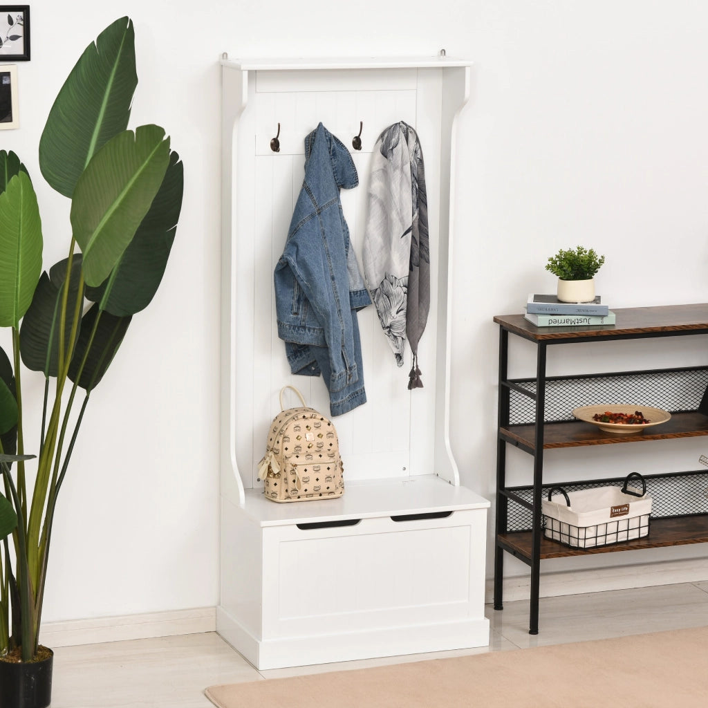 Easycomfort Appendiabiti da Terra Moderno 3 in 1 con 4 Ganci, Panca Contenitore e Attaccapanni, Salvaspazio Mobile da Ingresso, Corridoio, Camera da Letto in Legno, 71.5x39.5x170 cm, Bianco
