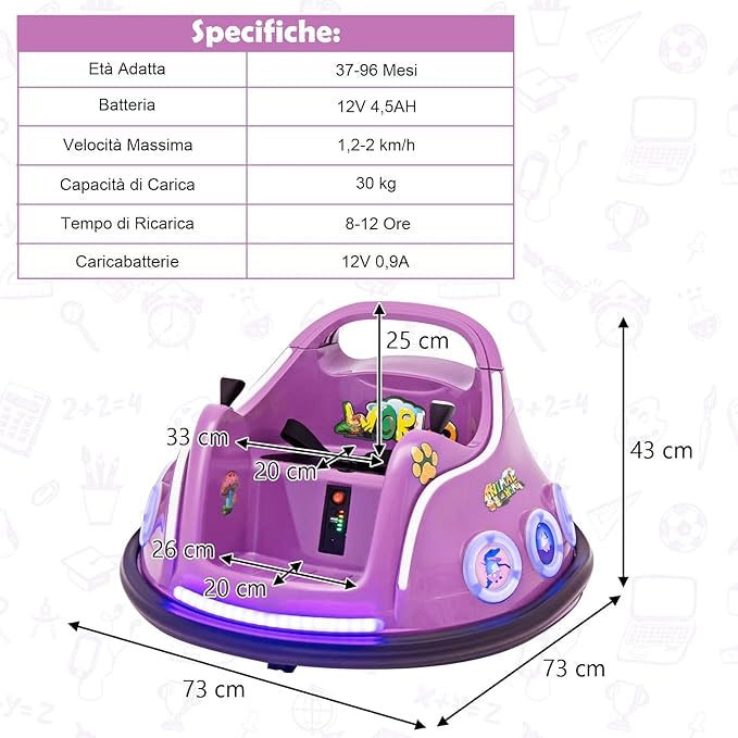 12V Autoscontro Elettrico per Bambini, Macchina Elettrica per Bambini con Design Girevole a 360° Telecomando Luci Musica, Macchina Cavalcabile per Bambini 37-96 Mesi (Viola)