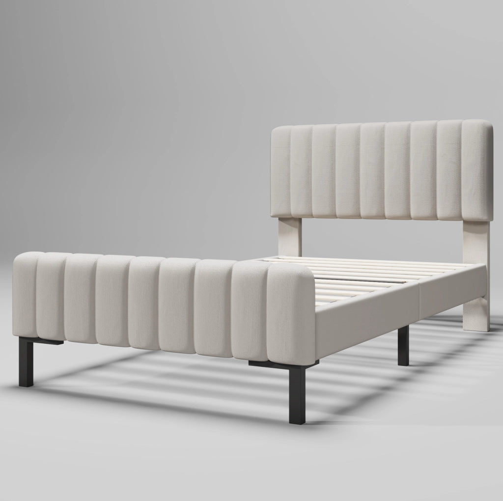 Letto imbottito 90x200 cm; testiera regolabile; lino; grigio beige; (Senza materasso)