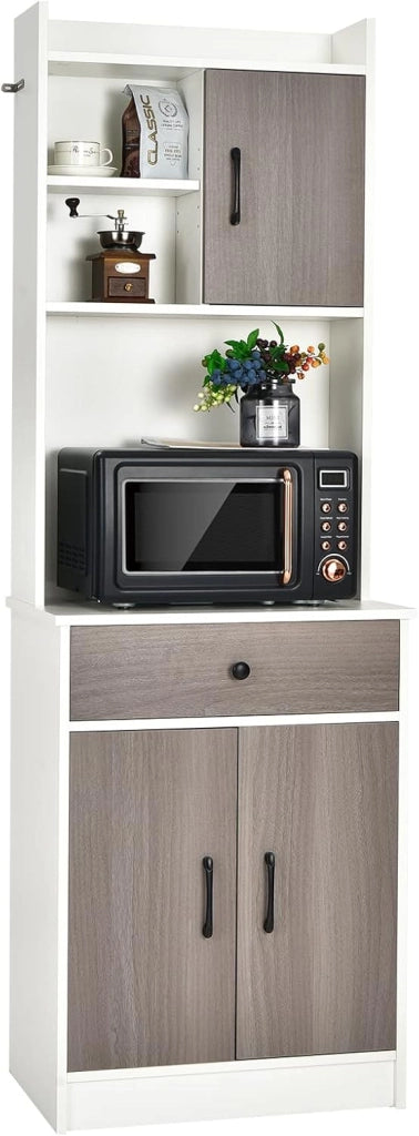 Credenza Alta per Cucina, Mobile da Cucina Moderno con 2 Ante e Cassetto, con Ripiani Regolabili e Foro per Cavi, Ampio Spazio Aperto per Microonde, 60 x 40 x 180 cm (Nero)