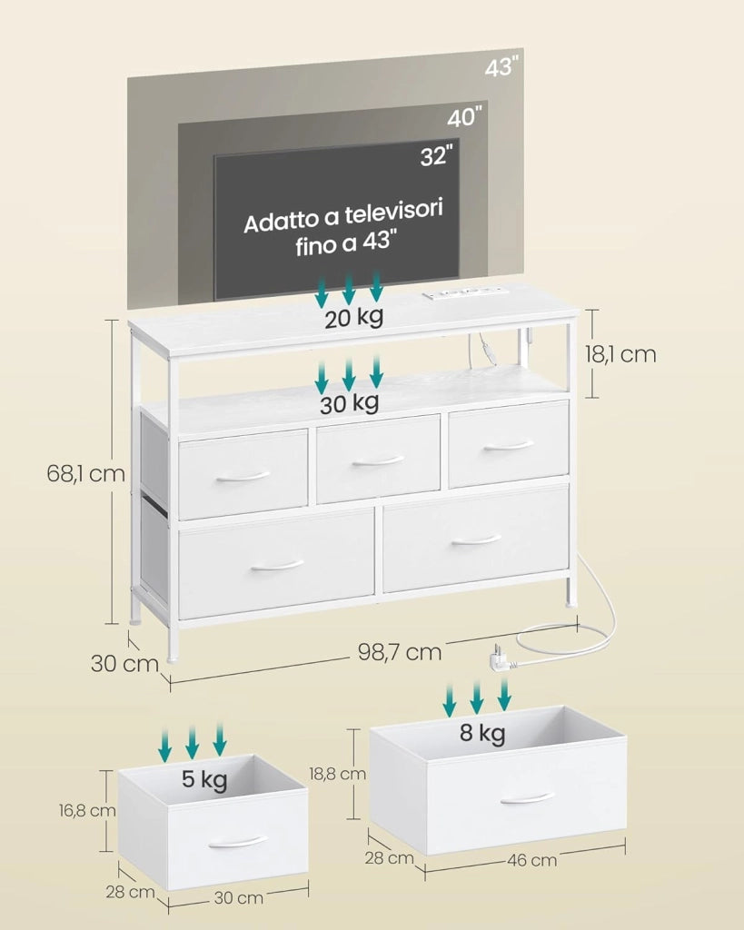 SONGMICS BELLAH Collezione - Cassettiera con LED Regolabile Controllato da APP, Mobile con Prese, 1 Ripiano, 5 Cassetti, Moderno, Bianco Nuvola LGS723WH01