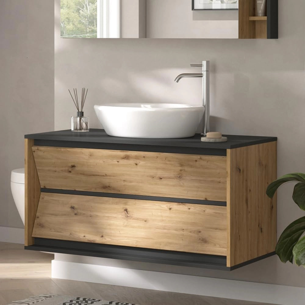 Mobile sottolavabo per bagno Edelin, Antracite/Artisan, 100 x 50 cm con 2 cassetti, per montaggio a parete e compatibile con sifoni standard