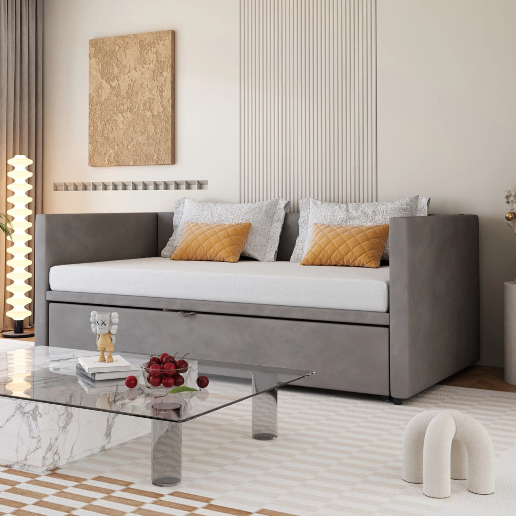 Divano letto 90x200 cm; estraibile 180x200 cm; imbottito; grigio (Senza materasso)