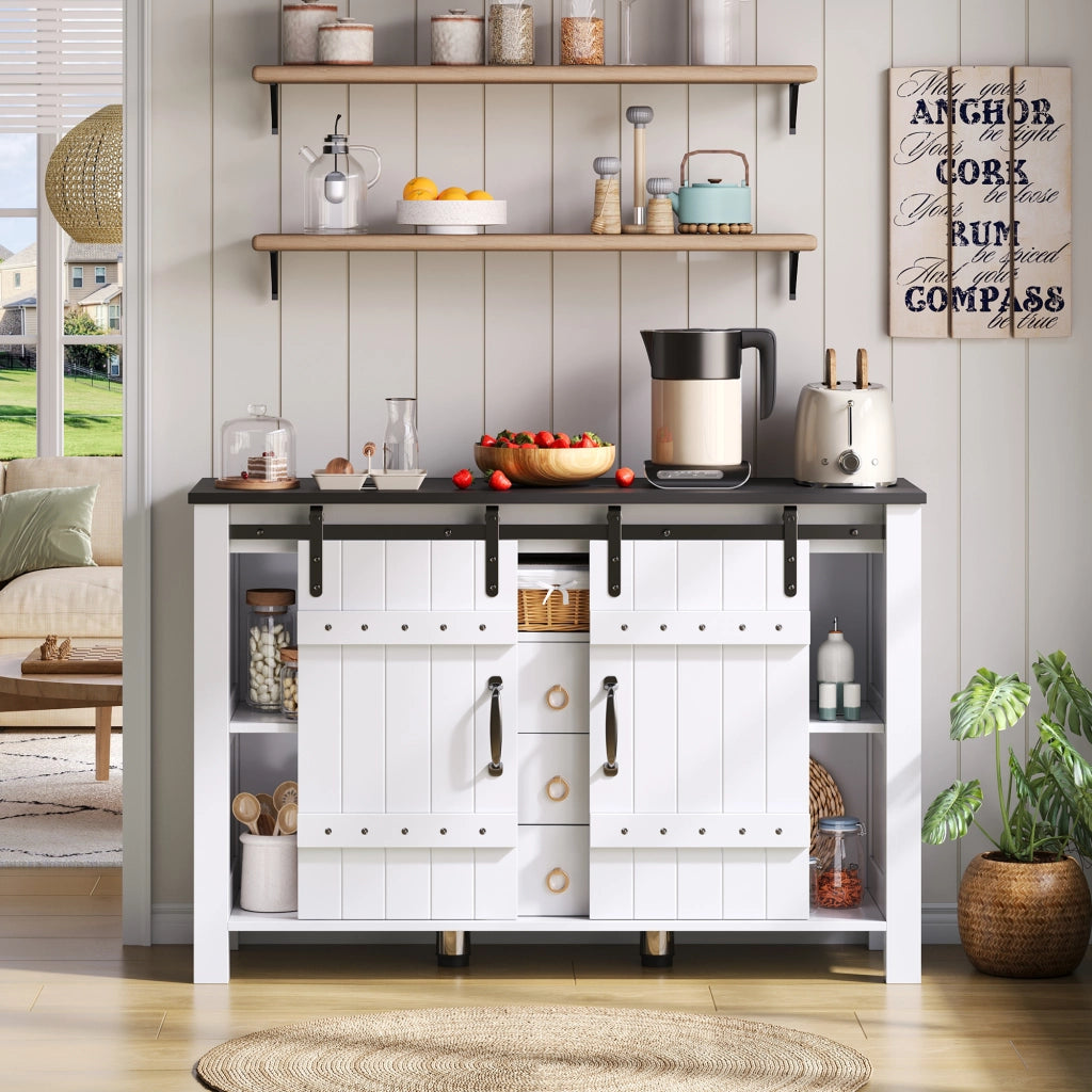 Credenza Sideboard da 120 cm con 2 porte scorrevoli e 3 cassetti, bianca, in MDF, stile rustico moderno