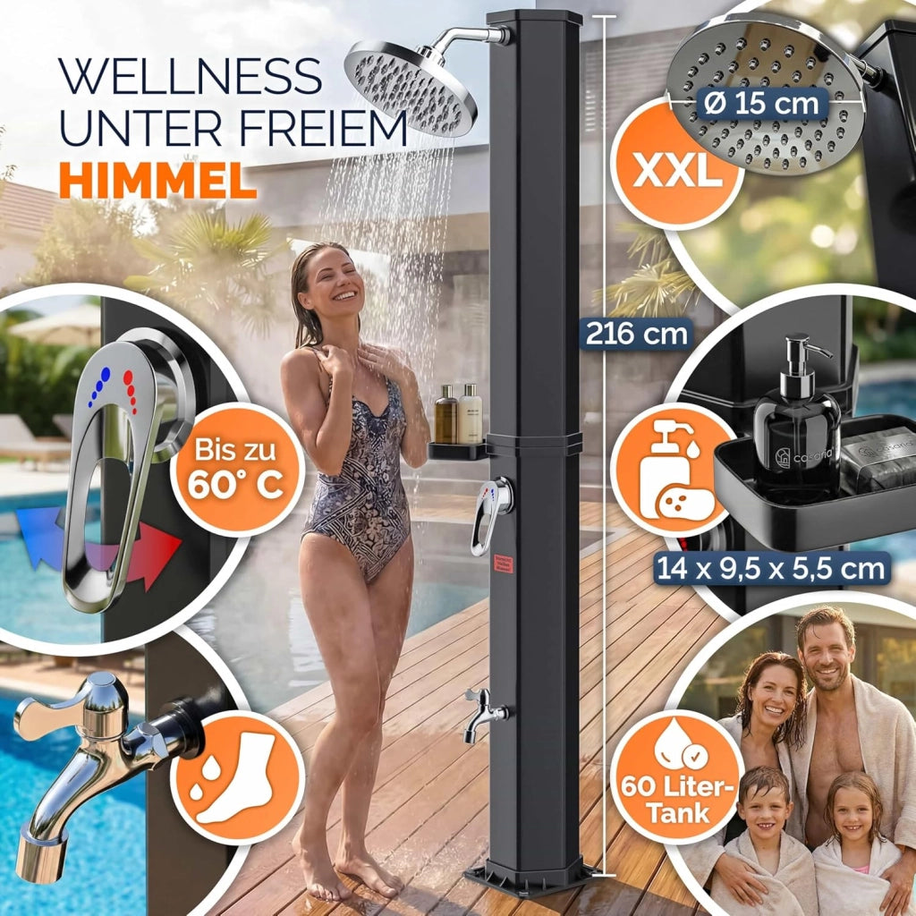 Monzana® Doccia Solare 60L Resistente ai Raggi UV Vassoio in Acciaio Inossidabile 105GSM Copertura Protettiva Doccino Regolabile a Pioggia Doccia Piscina Doccia Campeggio Acqua Calda 60°C Esterno