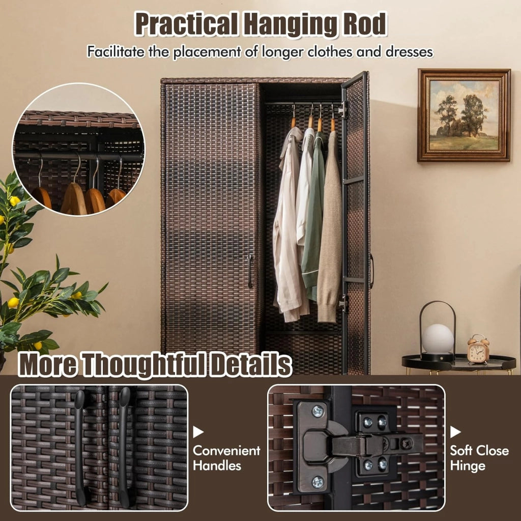 Armadio da giardino in rattan, con 5 ripiani e mensola sospesa, armadio per attrezzi con doppie porte, 72 x 50 x 157 cm (marrone misto)