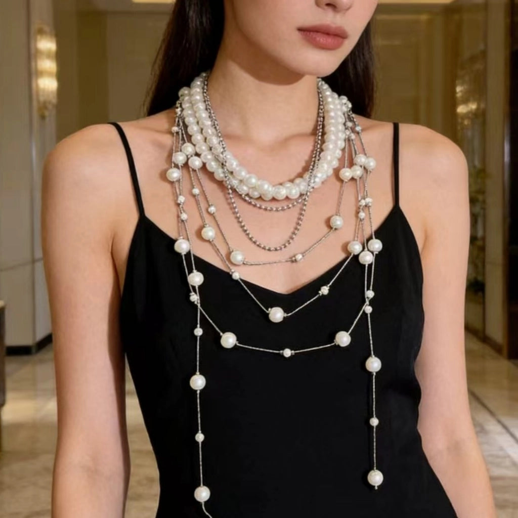 Collana di perle multistrato con ciondolo vintage, girocollo con nappe a strati, catena a maglia stellata