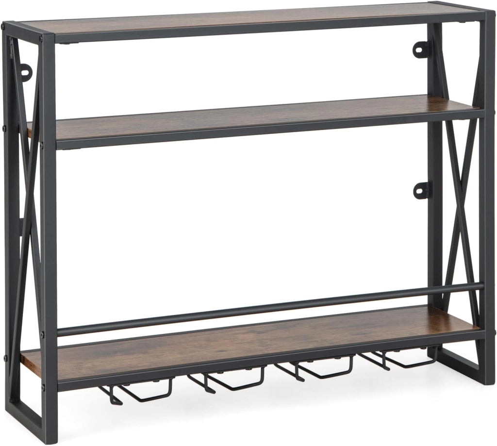 Portabottiglie per Vino da Parete Industriale, Scaffale di Stoccaggio per Vino a Parete a 2/3 Livelli con Porta Calici, in Metallo, per Casa, Bar, Cucina, Ristorante (80 x 20 x 63 cm)