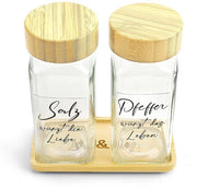 Set di strofiate sale e pepe con piatto di servizio in bambù, etichette sale e pepe, idee regalo per il matrimonio e per la casa nuova