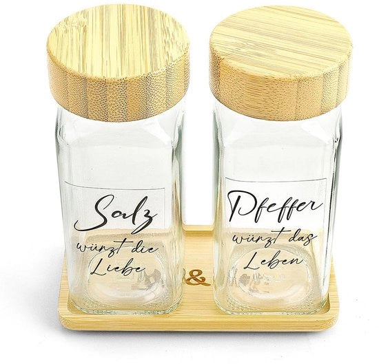 Set di strofiate sale e pepe con piatto di servizio in bambù, etichette sale e pepe, idee regalo per il matrimonio e per la casa nuova