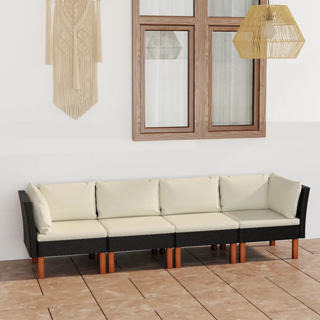 Divano da Giardino a 4 Posti con Cuscini-Sofa da Giardino-Divano da esterno Nero in Polyrattan 272372