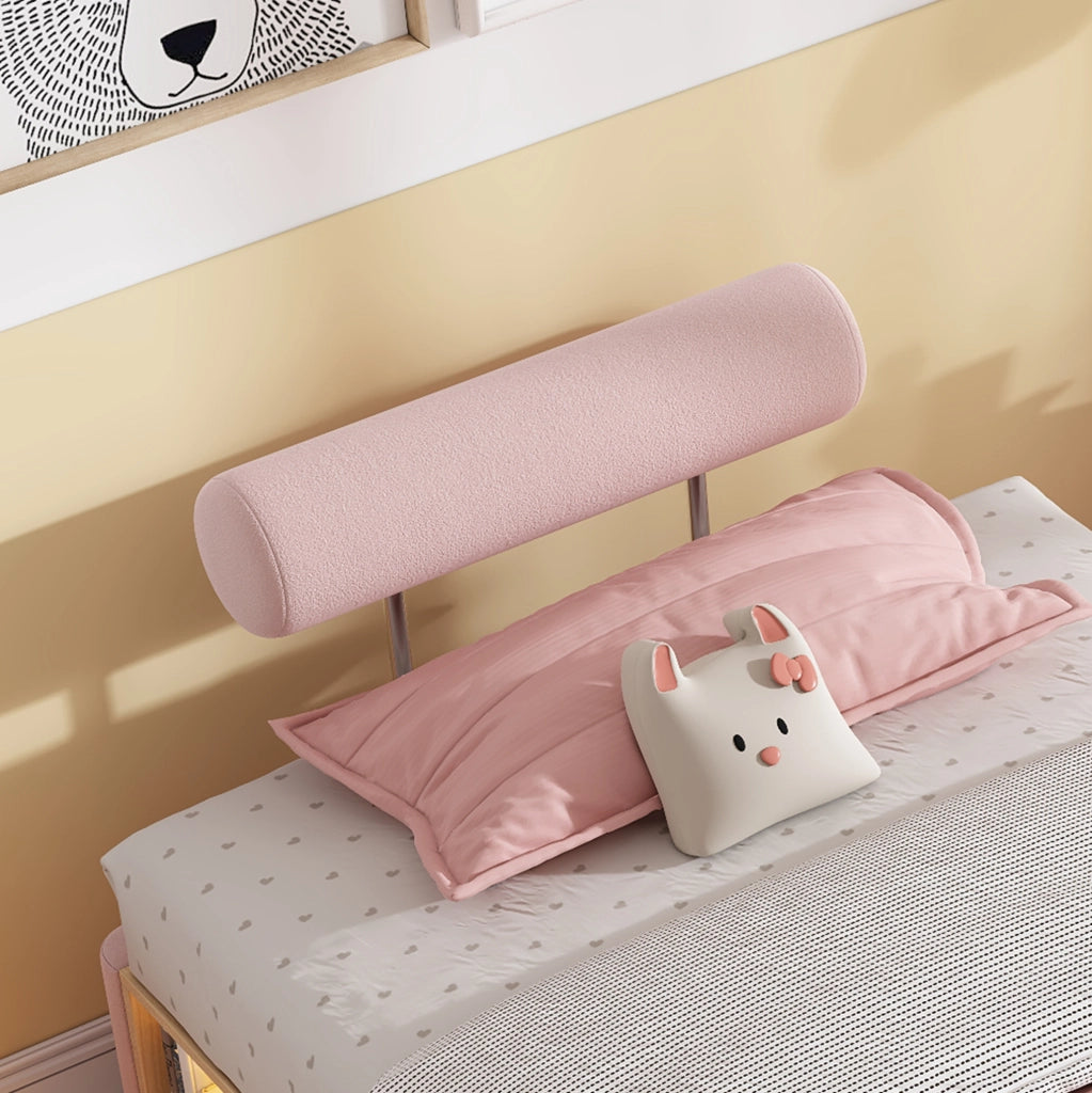 Letto imbottito per bambini rosa 90x200 cm con LED, ripiano laterale e testiere flessibili