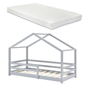 Letto per Bambino a Forma di Casetta con Barriere di Sicurezza e Materasso Ortopedico 90 x 200 cm Lettino in Legno di Pino con Sponde - Grigio Chiaro