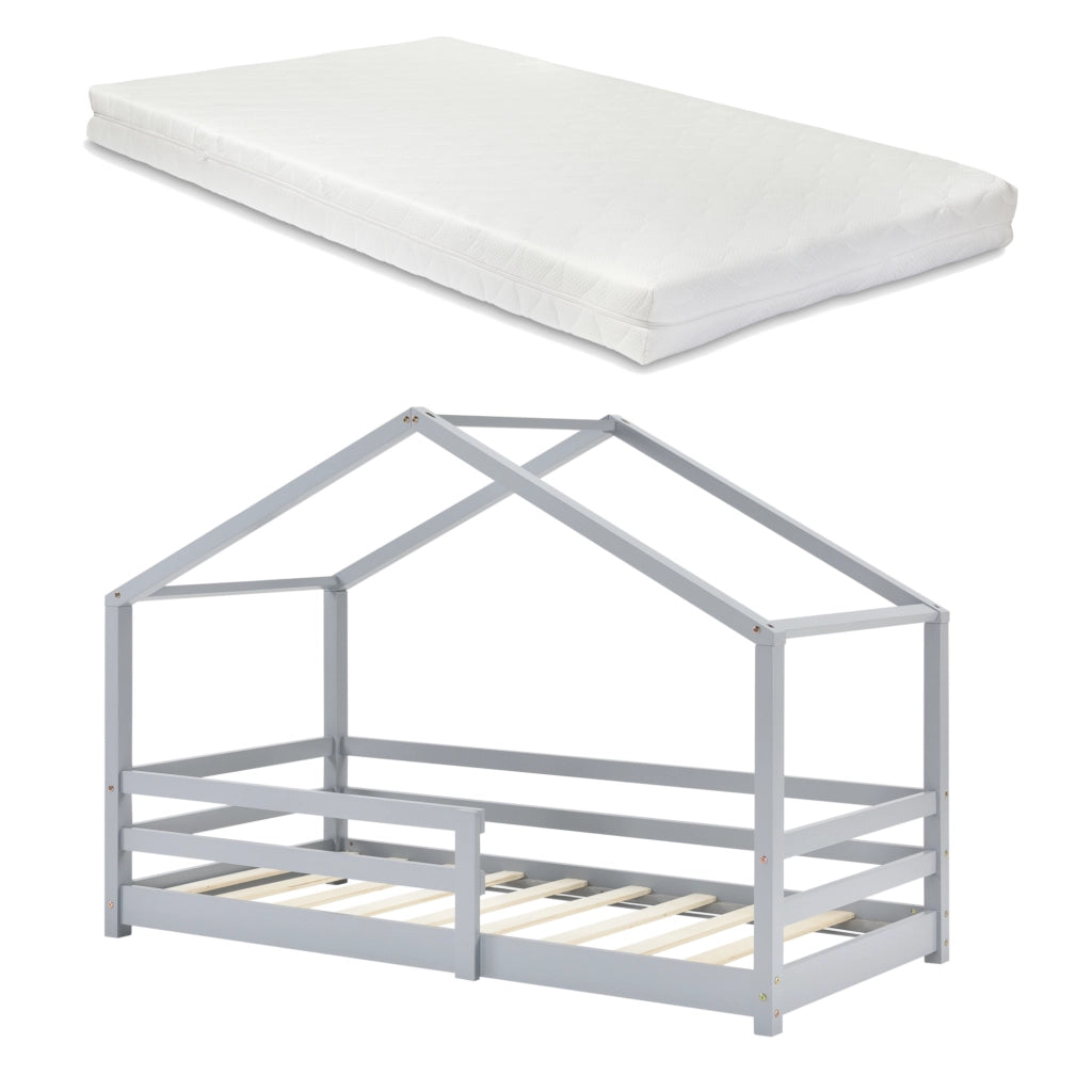 Letto per Bambino a Forma di Casetta con Barriere di Sicurezza e Materasso Ortopedico 90 x 200 cm Lettino in Legno di Pino con Sponde - Grigio Chiaro