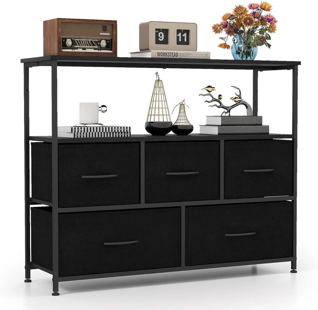 Comò con 5 Cassetti, Cassettiera con 2 Mensole Aperte in Legno e Struttura in Metallo, Unità Organizzatore per Conservazione per Ingresso e Soggiorno, 100×30×80 cm (Nero)