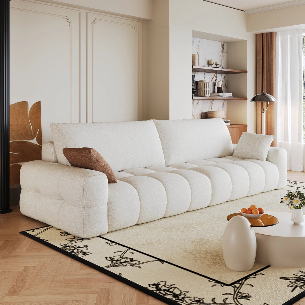 Divano modulare con chaise longue reversibile e seduta profonda senza montaggio in tessuto bianco crema 260 cm