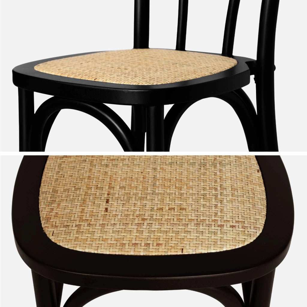 Set 2 sedie vintage in legno e rattan, nero