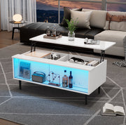 Tavolino da salotto sollevabile 105 x 50 x 43 cm; bianco lucido; in pannello truciolare e vetro temperato