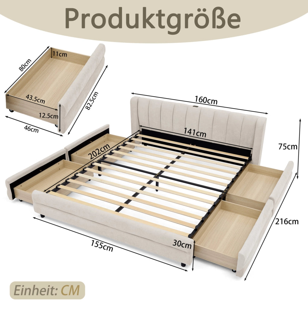 Letto matrimoniale 140x200 cm con 4 cassetti; porta USB e USB-C; in tessuto chenille beige