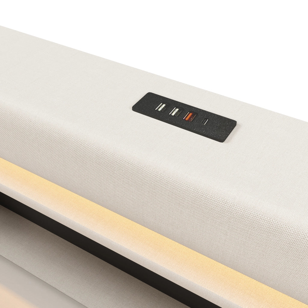Letto Contenitore 180x200 cm con USB Tipo C; LED e testiera imbottita in lino Beige
