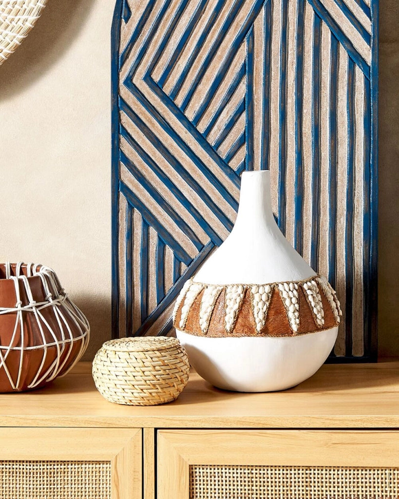 Vaso decorativo in terracotta bianca 33 cm Fatto a mano con motivi rustici Boho Accessori per la casa