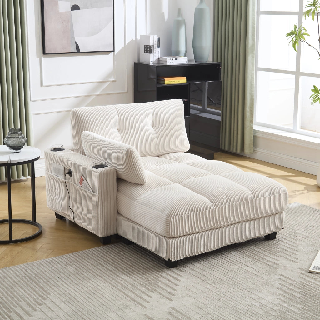 POLTRONA Lounge 140x112x81 cm in corduroy beige con portabicchieri e porta USB