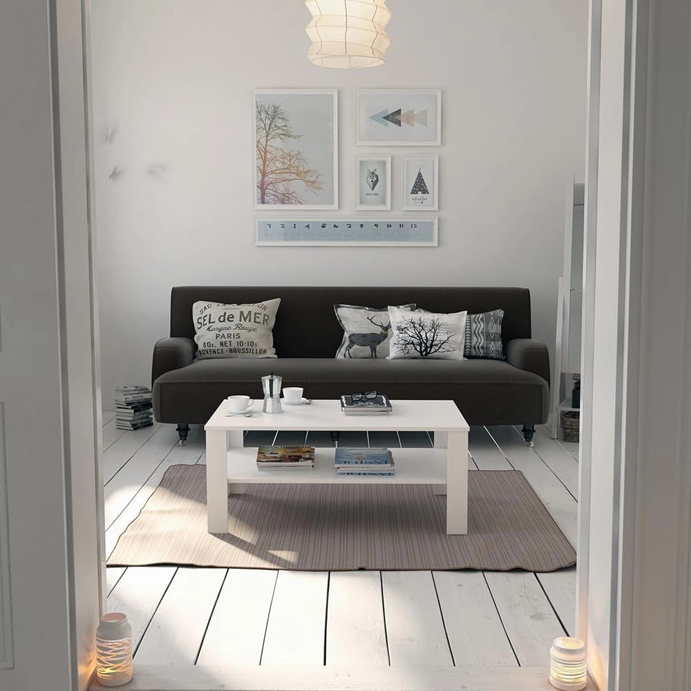 Tavolino da salotto, Bianco, 100 x 60 cm, con vano aperto per la conservazione di riviste