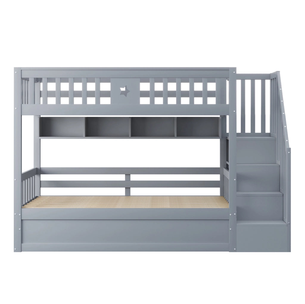 Letto a castello ULEVR 90x200 cm grigio con letto inferiore idraulico, scala contenitore e ripiani