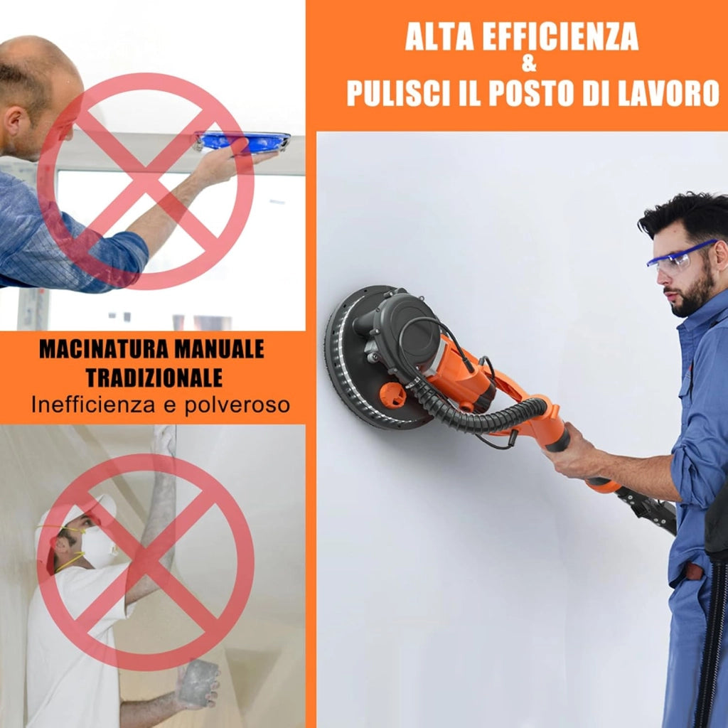 Levigatrice per Muro a Secco 750W, Levigatrice Elettrico per Cartongesso Pieghevole Estensibile, Velocità Regolabile 800-1750RPM, con Luci LED e 12 Dischi Abrasivi