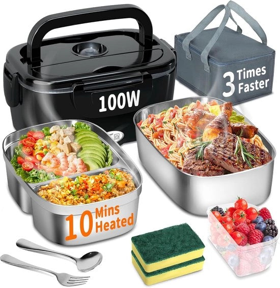 Lunchbox elettrica 100W, 3-in-1 portatile con scaldabagno, contenitore in acciaio inossidabile rimovibile, box di calore isolata 12V/24V/220V per auto/truck/ufficio, con sacchetto isolante e spugna (blu, 1,5 L)