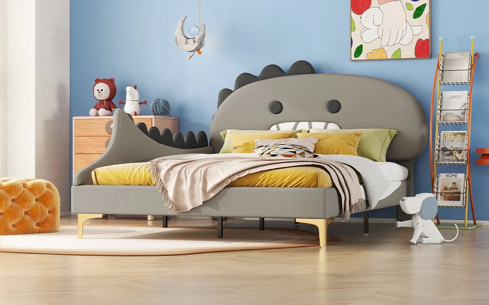 Letto per bambini 140x200 cm a forma di dinosauro cartoon, in PU e MDF grigio