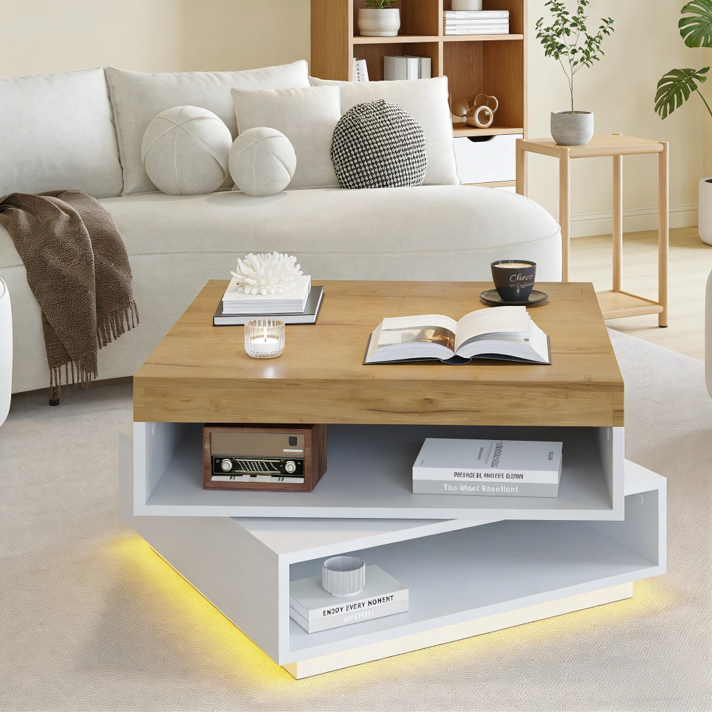 TAVOLO da caffè 65x65x40 cm girevole 360° MDF bianco e legno con LED