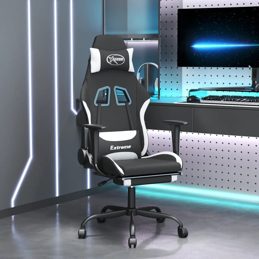 Sedia da Gaming | Sedia da e-sports Massaggio e Poggiapiedi Tessuto Nero e Bianco