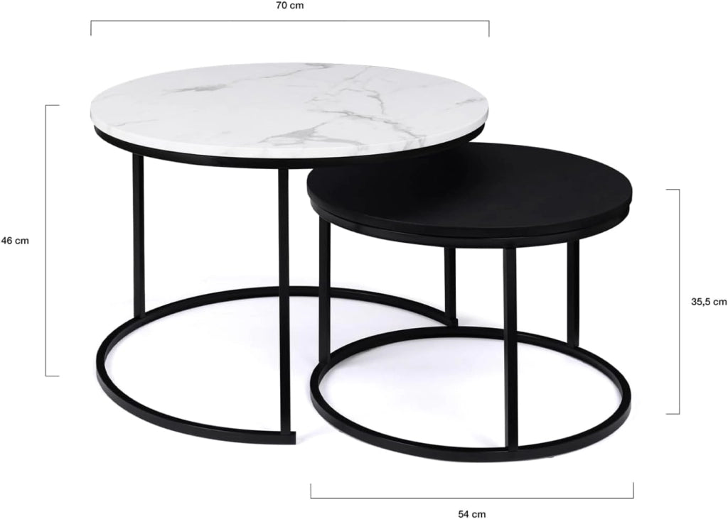 Set di 2 tavolini rotondi ALASKA 54/70, effetto marmo e nero, gambe in metallo