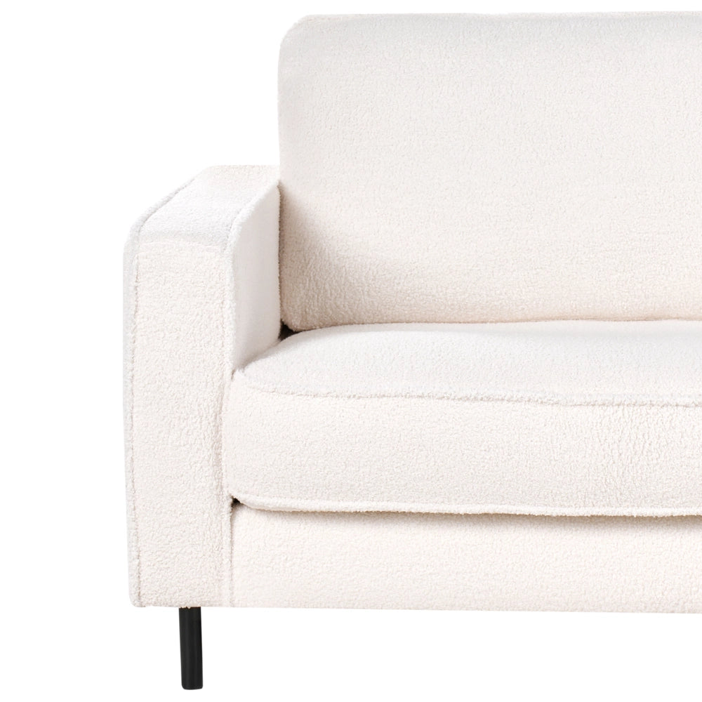 Divano in tessuto boucle bianco 3 posti con cuscini e gambe in metallo stile minimalista moderno