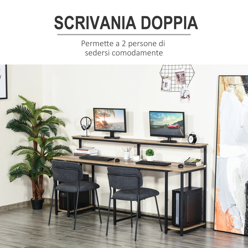 EasyComfort Scrivania Doppia con Scaffali e Mensola per Monitor in Stile Industriale, Scrivania con Libreria Salvaspazio per Ufficio e Studio in Metallo e MDF, 200x53x100cm, Nero Marrone