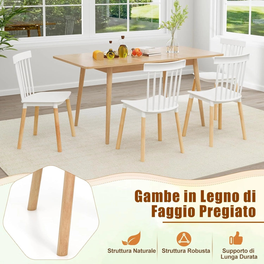 Set 4 Sedie da Pranzo Windsor 51,5 x 48 x 83 cm, Sedie da Cucina Moderno con Schienale a Spindle e Sedili Curvati, Gambe in Faggio e Punte Antiscivolo (Bianco)