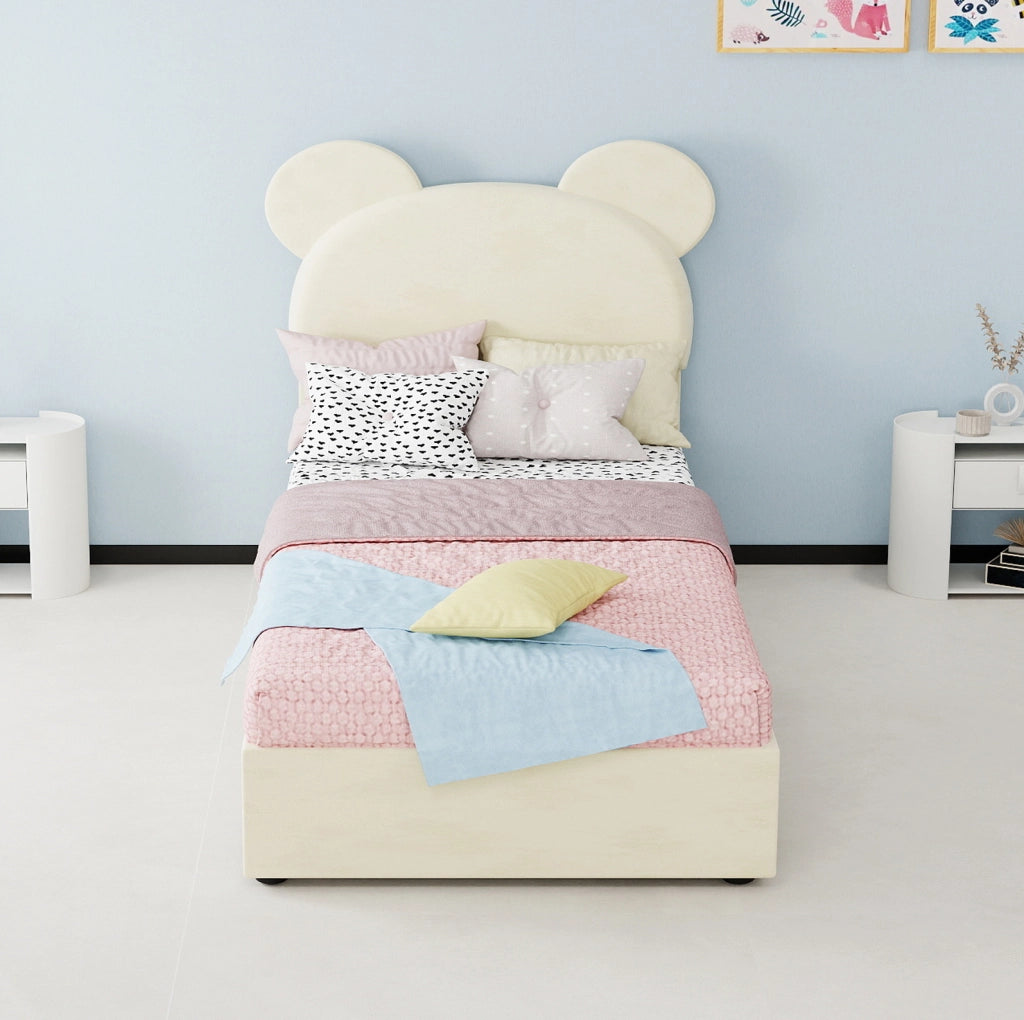 Letto per cameretta 90x200 cm con contenitore pneumatico in tessuto beige
