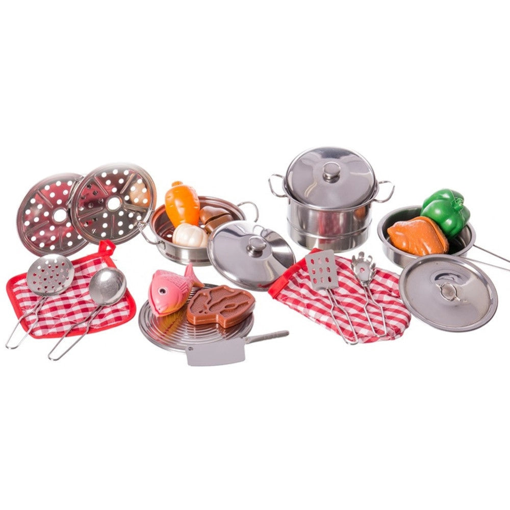 Trade Shop - Set Cucina Giocattoli Bambini In Metallo 23pz Con Pentole Mestoli E Accessori -