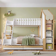 Letto a castello-Xylo-90x200+140x200cm, barriera, 2 cassetti, bianco+naturale