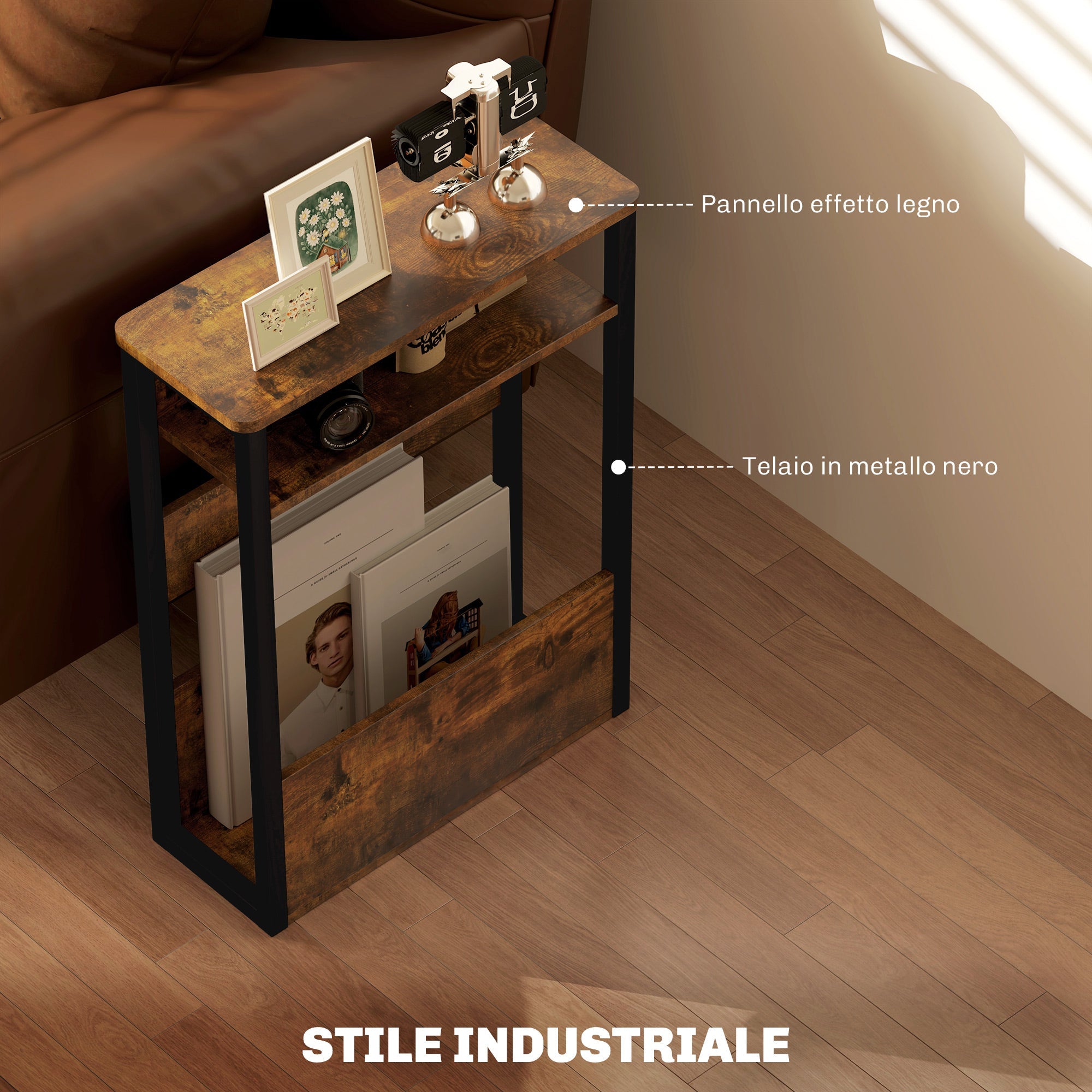 Tavolino da Soggiorno Laterale 46x18x58,5 cm in Stile Industriale 2 Ripiani in Legno e Metallo Marrone