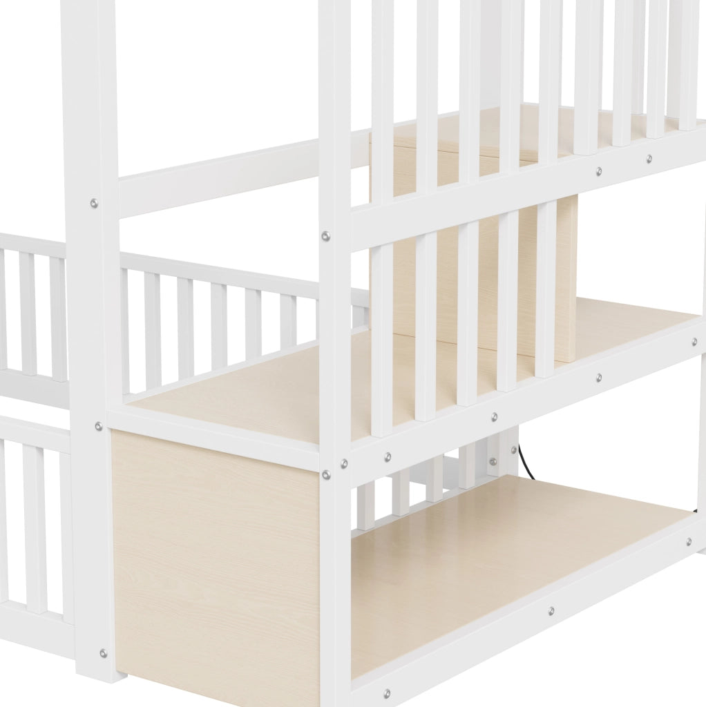 Letto a castello basso 90x200 cm con scala contenitore e LED; bianco